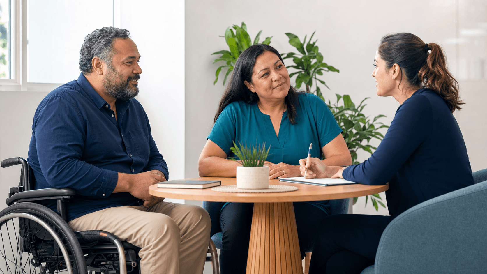 Participant, family member, and support worker discussing support preferences